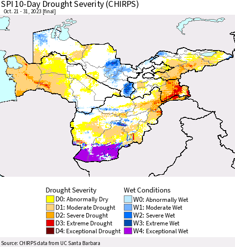 Central Asia SPI 10-Day Drought Severity (CHIRPS) Thematic Map For 10/21/2023 - 10/31/2023