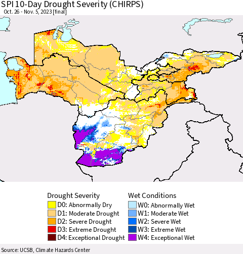 Central Asia SPI 10-Day Drought Severity (CHIRPS) Thematic Map For 10/26/2023 - 11/5/2023
