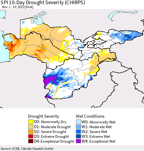 Central Asia SPI 10-Day Drought Severity (CHIRPS) Thematic Map For 11/1/2023 - 11/10/2023