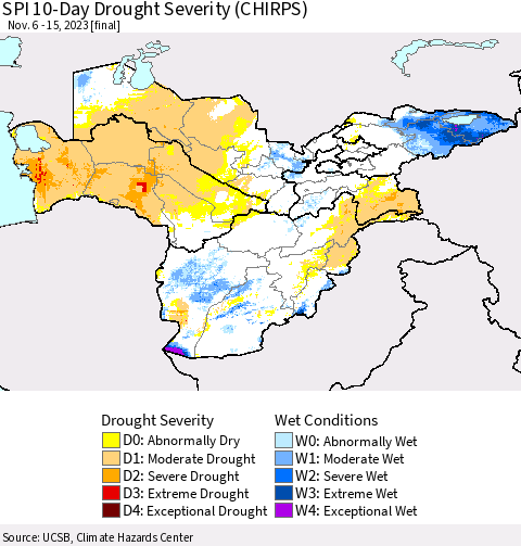 Central Asia SPI 10-Day Drought Severity (CHIRPS) Thematic Map For 11/6/2023 - 11/15/2023