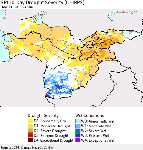 Central Asia SPI 10-Day Drought Severity (CHIRPS) Thematic Map For 11/11/2023 - 11/20/2023