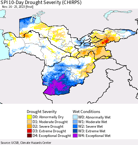 Central Asia SPI 10-Day Drought Severity (CHIRPS) Thematic Map For 11/16/2023 - 11/25/2023