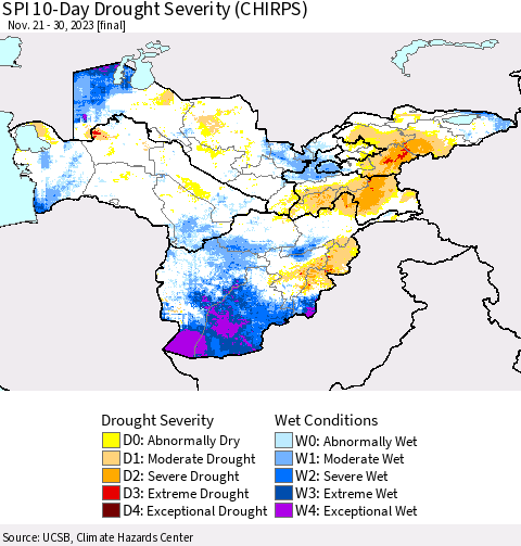 Central Asia SPI 10-Day Drought Severity (CHIRPS) Thematic Map For 11/21/2023 - 11/30/2023
