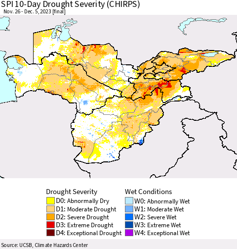 Central Asia SPI 10-Day Drought Severity (CHIRPS) Thematic Map For 11/26/2023 - 12/5/2023
