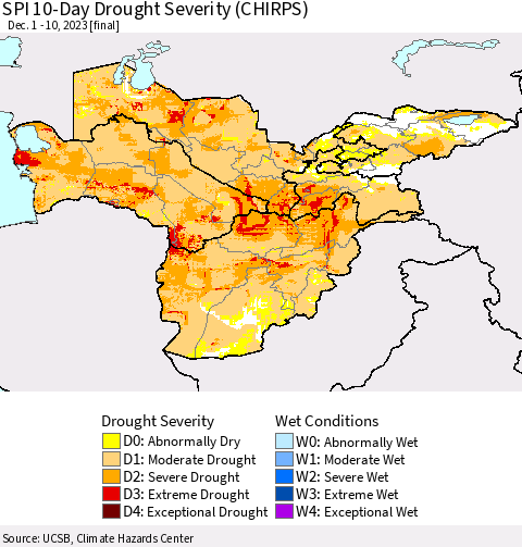 Central Asia SPI 10-Day Drought Severity (CHIRPS) Thematic Map For 12/1/2023 - 12/10/2023