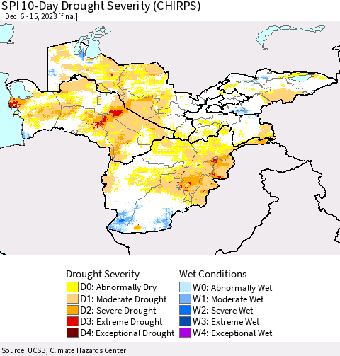 Central Asia SPI 10-Day Drought Severity (CHIRPS) Thematic Map For 12/6/2023 - 12/15/2023