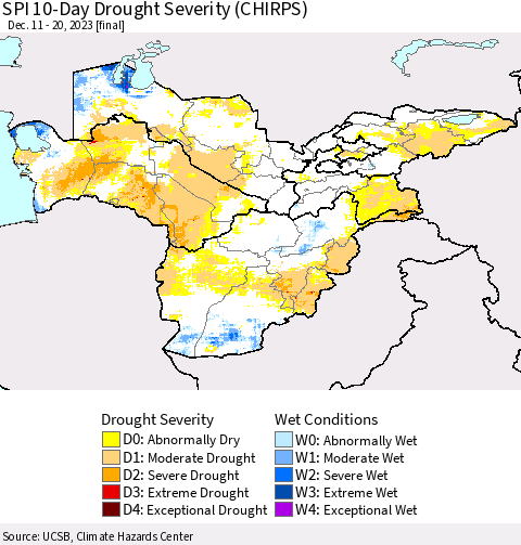 Central Asia SPI 10-Day Drought Severity (CHIRPS) Thematic Map For 12/11/2023 - 12/20/2023