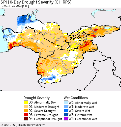 Central Asia SPI 10-Day Drought Severity (CHIRPS) Thematic Map For 12/16/2023 - 12/25/2023