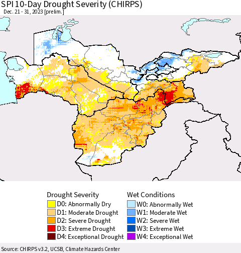 Central Asia SPI 10-Day Drought Severity (CHIRPS) Thematic Map For 12/21/2023 - 12/31/2023