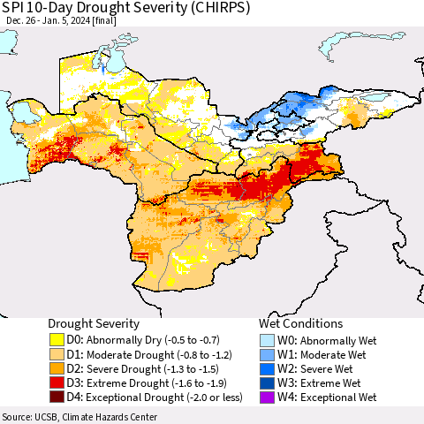 Central Asia SPI 10-Day Drought Severity (CHIRPS) Thematic Map For 12/26/2023 - 1/5/2024