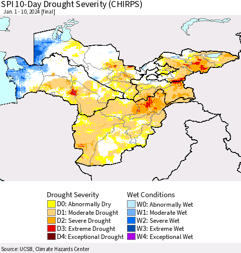 Central Asia SPI 10-Day Drought Severity (CHIRPS) Thematic Map For 1/1/2024 - 1/10/2024