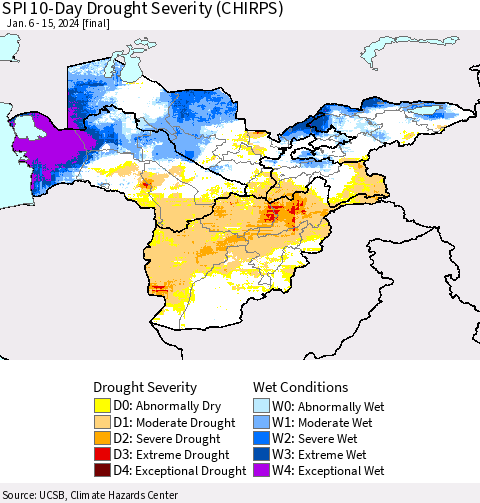 Central Asia SPI 10-Day Drought Severity (CHIRPS) Thematic Map For 1/6/2024 - 1/15/2024