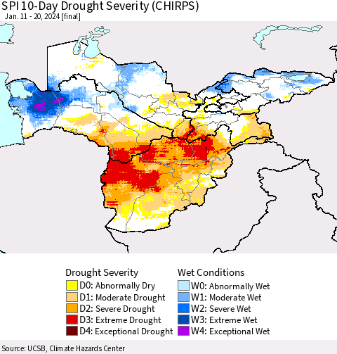 Central Asia SPI 10-Day Drought Severity (CHIRPS) Thematic Map For 1/11/2024 - 1/20/2024