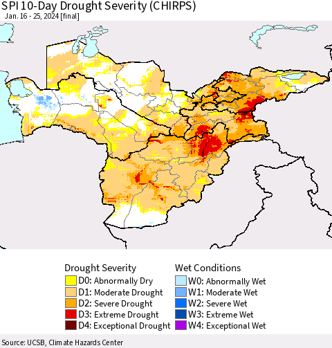 Central Asia SPI 10-Day Drought Severity (CHIRPS) Thematic Map For 1/16/2024 - 1/25/2024