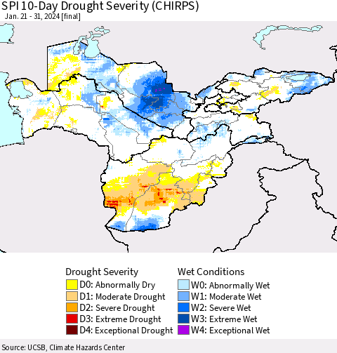 Central Asia SPI 10-Day Drought Severity (CHIRPS) Thematic Map For 1/21/2024 - 1/31/2024