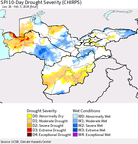 Central Asia SPI 10-Day Drought Severity (CHIRPS) Thematic Map For 1/26/2024 - 2/5/2024