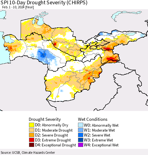Central Asia SPI 10-Day Drought Severity (CHIRPS) Thematic Map For 2/1/2024 - 2/10/2024