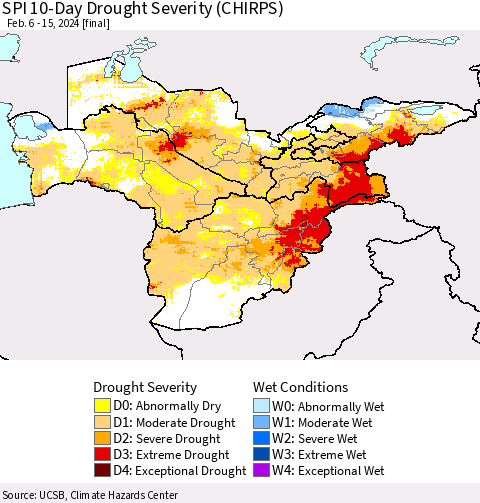 Central Asia SPI 10-Day Drought Severity (CHIRPS) Thematic Map For 2/6/2024 - 2/15/2024