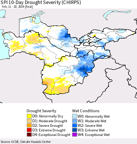 Central Asia SPI 10-Day Drought Severity (CHIRPS) Thematic Map For 2/11/2024 - 2/20/2024
