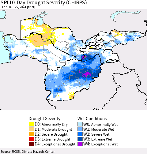 Central Asia SPI 10-Day Drought Severity (CHIRPS) Thematic Map For 2/16/2024 - 2/25/2024