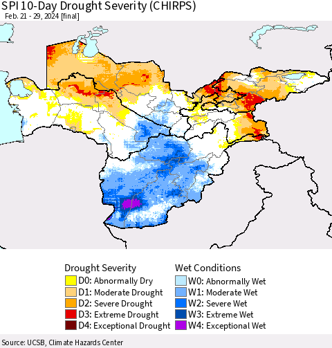 Central Asia SPI 10-Day Drought Severity (CHIRPS) Thematic Map For 2/21/2024 - 2/29/2024