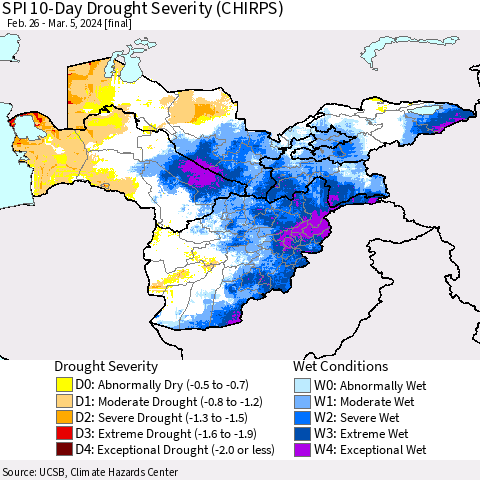 Central Asia SPI 10-Day Drought Severity (CHIRPS) Thematic Map For 2/26/2024 - 3/5/2024