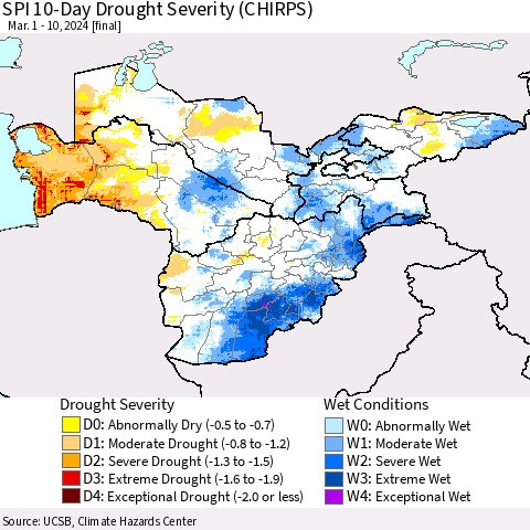 Central Asia SPI 10-Day Drought Severity (CHIRPS) Thematic Map For 3/1/2024 - 3/10/2024