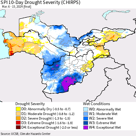 Central Asia SPI 10-Day Drought Severity (CHIRPS) Thematic Map For 3/6/2024 - 3/15/2024