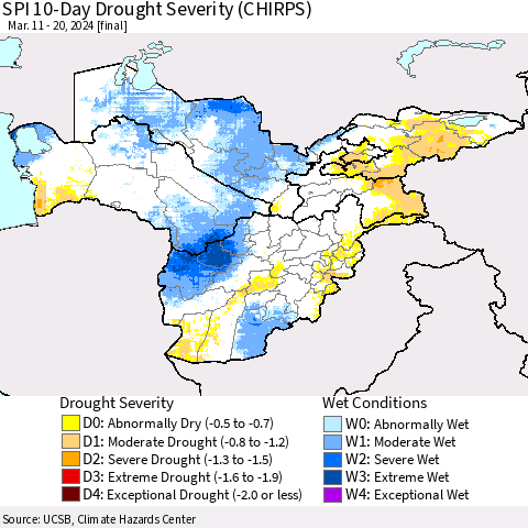 Central Asia SPI 10-Day Drought Severity (CHIRPS) Thematic Map For 3/11/2024 - 3/20/2024
