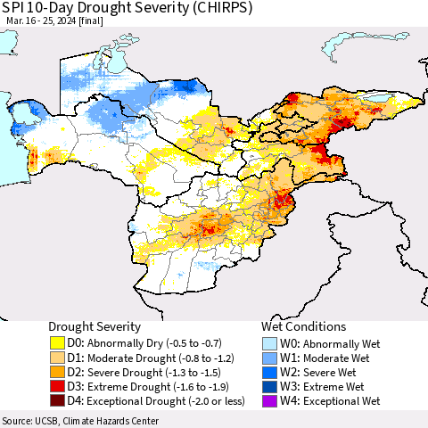 Central Asia SPI 10-Day Drought Severity (CHIRPS) Thematic Map For 3/16/2024 - 3/25/2024