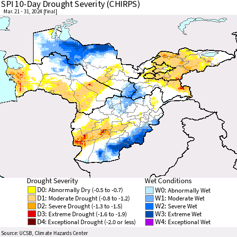 Central Asia SPI 10-Day Drought Severity (CHIRPS) Thematic Map For 3/21/2024 - 3/31/2024