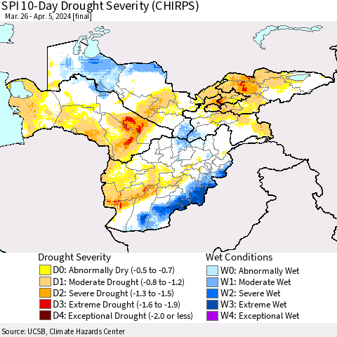 Central Asia SPI 10-Day Drought Severity (CHIRPS) Thematic Map For 3/26/2024 - 4/5/2024