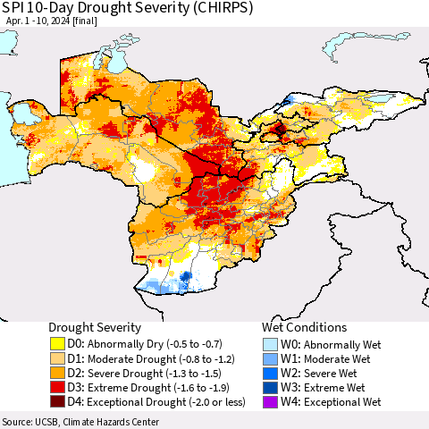 Central Asia SPI 10-Day Drought Severity (CHIRPS) Thematic Map For 4/1/2024 - 4/10/2024