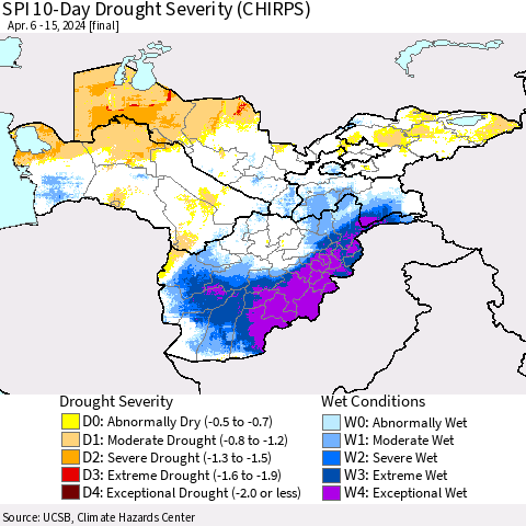 Central Asia SPI 10-Day Drought Severity (CHIRPS) Thematic Map For 4/6/2024 - 4/15/2024