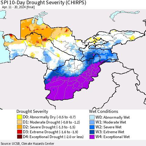 Central Asia SPI 10-Day Drought Severity (CHIRPS) Thematic Map For 4/11/2024 - 4/20/2024