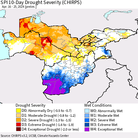 Central Asia SPI 10-Day Drought Severity (CHIRPS) Thematic Map For 4/16/2024 - 4/25/2024
