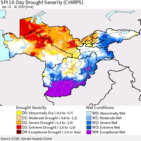 Central Asia SPI 10-Day Drought Severity (CHIRPS) Thematic Map For 4/21/2024 - 4/30/2024