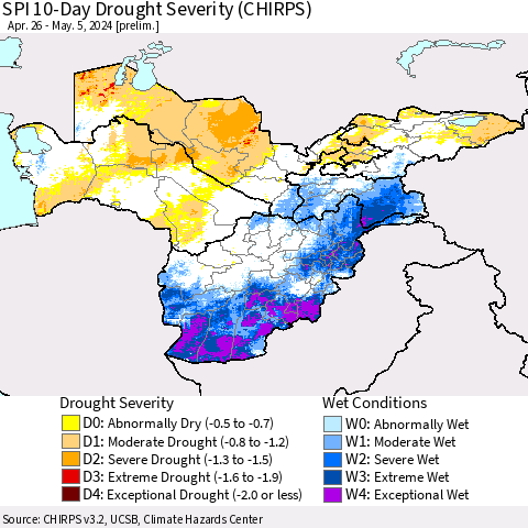 Central Asia SPI 10-Day Drought Severity (CHIRPS) Thematic Map For 4/26/2024 - 5/5/2024