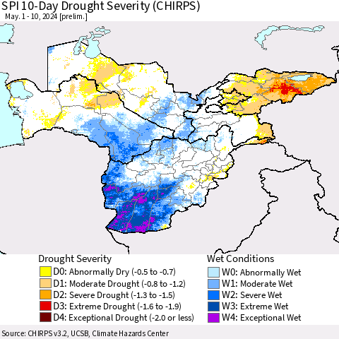 Central Asia SPI 10-Day Drought Severity (CHIRPS) Thematic Map For 5/1/2024 - 5/10/2024