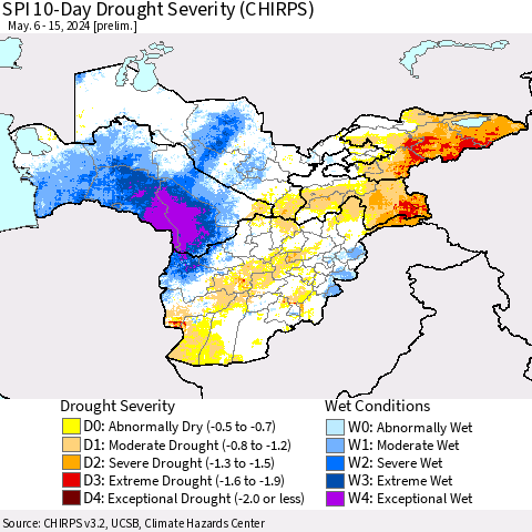 Central Asia SPI 10-Day Drought Severity (CHIRPS) Thematic Map For 5/6/2024 - 5/15/2024