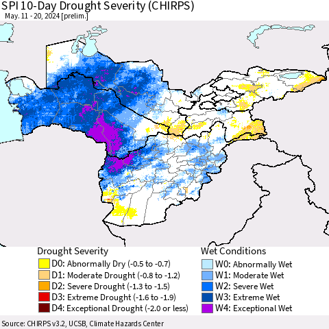 Central Asia SPI 10-Day Drought Severity (CHIRPS) Thematic Map For 5/11/2024 - 5/20/2024