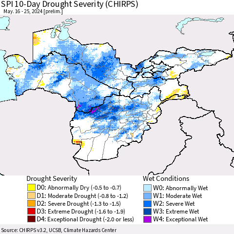 Central Asia SPI 10-Day Drought Severity (CHIRPS) Thematic Map For 5/16/2024 - 5/25/2024