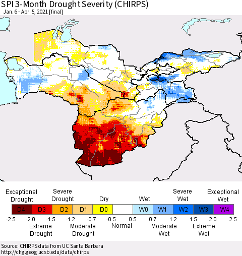 Central Asia SPI 3-Month Drought Severity (CHIRPS) Thematic Map For 1/6/2021 - 4/5/2021