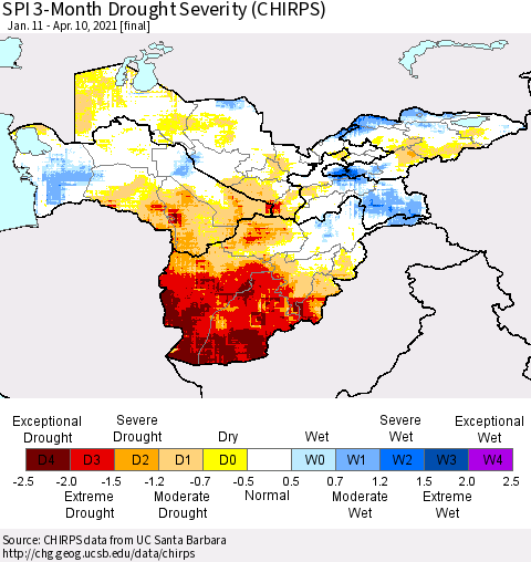 Central Asia SPI 3-Month Drought Severity (CHIRPS) Thematic Map For 1/11/2021 - 4/10/2021