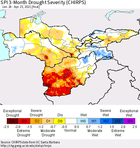 Central Asia SPI 3-Month Drought Severity (CHIRPS) Thematic Map For 1/26/2021 - 4/25/2021