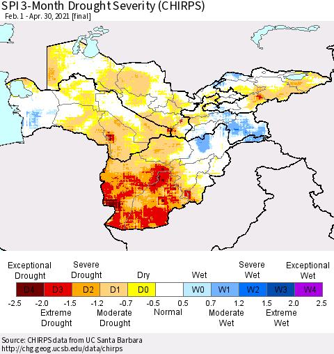Central Asia SPI 3-Month Drought Severity (CHIRPS) Thematic Map For 2/1/2021 - 4/30/2021