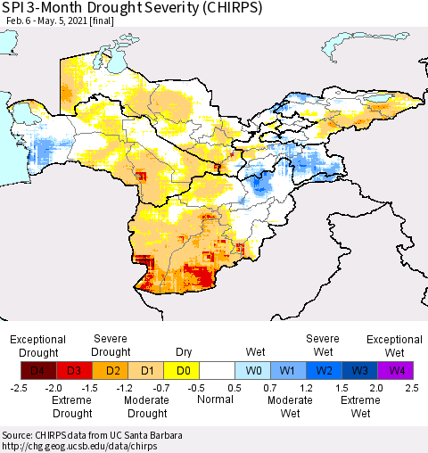 Central Asia SPI 3-Month Drought Severity (CHIRPS) Thematic Map For 2/6/2021 - 5/5/2021