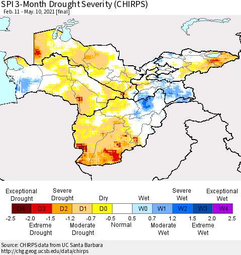 Central Asia SPI 3-Month Drought Severity (CHIRPS) Thematic Map For 2/11/2021 - 5/10/2021