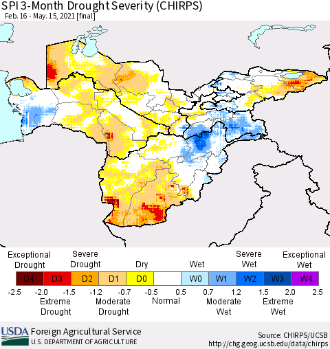 Central Asia SPI 3-Month Drought Severity (CHIRPS) Thematic Map For 2/16/2021 - 5/15/2021