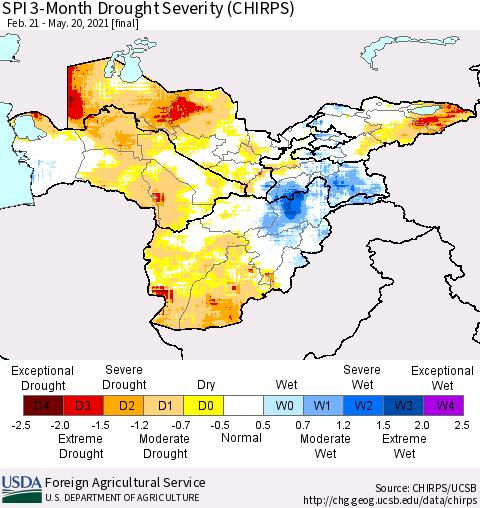 Central Asia SPI 3-Month Drought Severity (CHIRPS) Thematic Map For 2/21/2021 - 5/20/2021